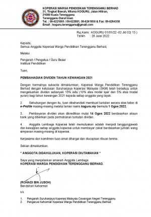 Pembahagian Dividen KOGURU Tahun Kewangan 2021