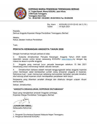 Makluman Penyata Kewangan Tahun 2020