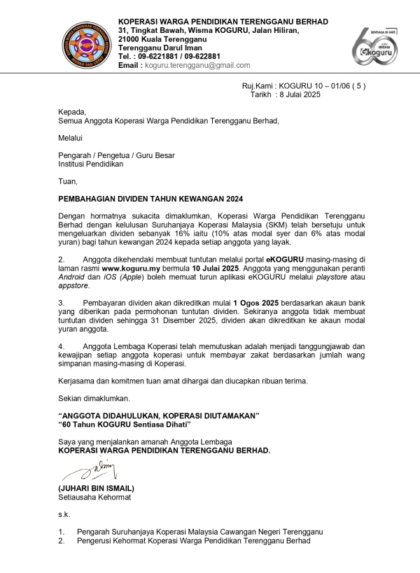 Pembahagian Dividen KOGURU Tahun Kewangan 2024
